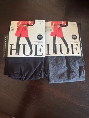 NWT Bundle of 2 HUE Control Top Tights in Black & Charcoal Heather Size 3